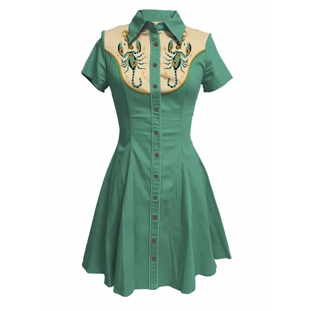 Short Sleeve Western-Style Button-Front Shirt Dress with Scorpion Yoke Graphic