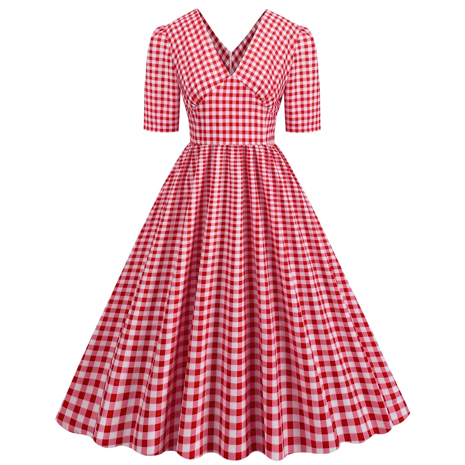 Gingham V-Neck Midi Dress with Fitted Bodice