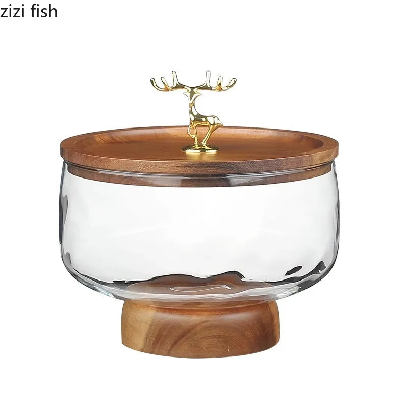 Mid-Century Modern Glass & Acacia Wood Pedestal Fruit Bowl