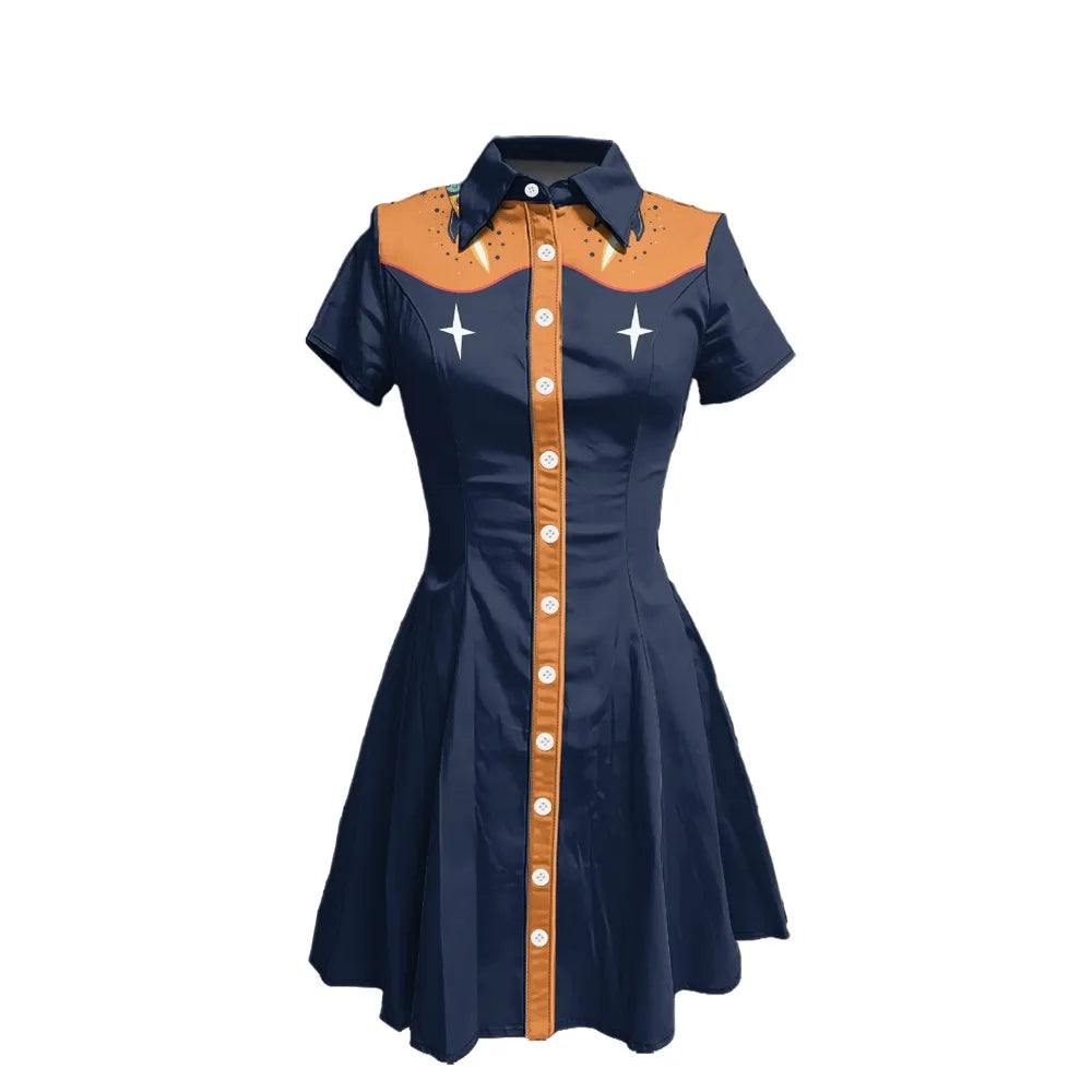 Short Sleeve Western-Style Button-Front Shirt Dress with Rocket Yoke Print