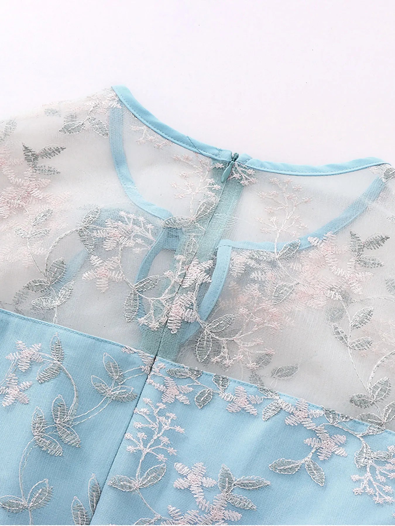 Embroidered Sheer Overlay Midi Dress with Tie Neck
