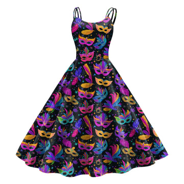 Carnival Mask Print Strappy Midi Dress