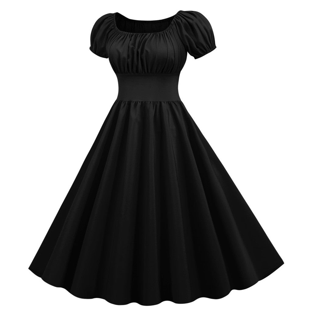 Puff Sleeve Square Neck Fit and Flare Midi Dress