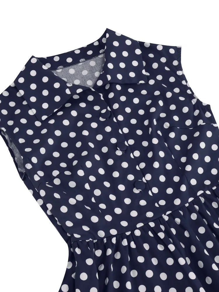 Sleeveless Polka Dot Button Front Midi Dress
