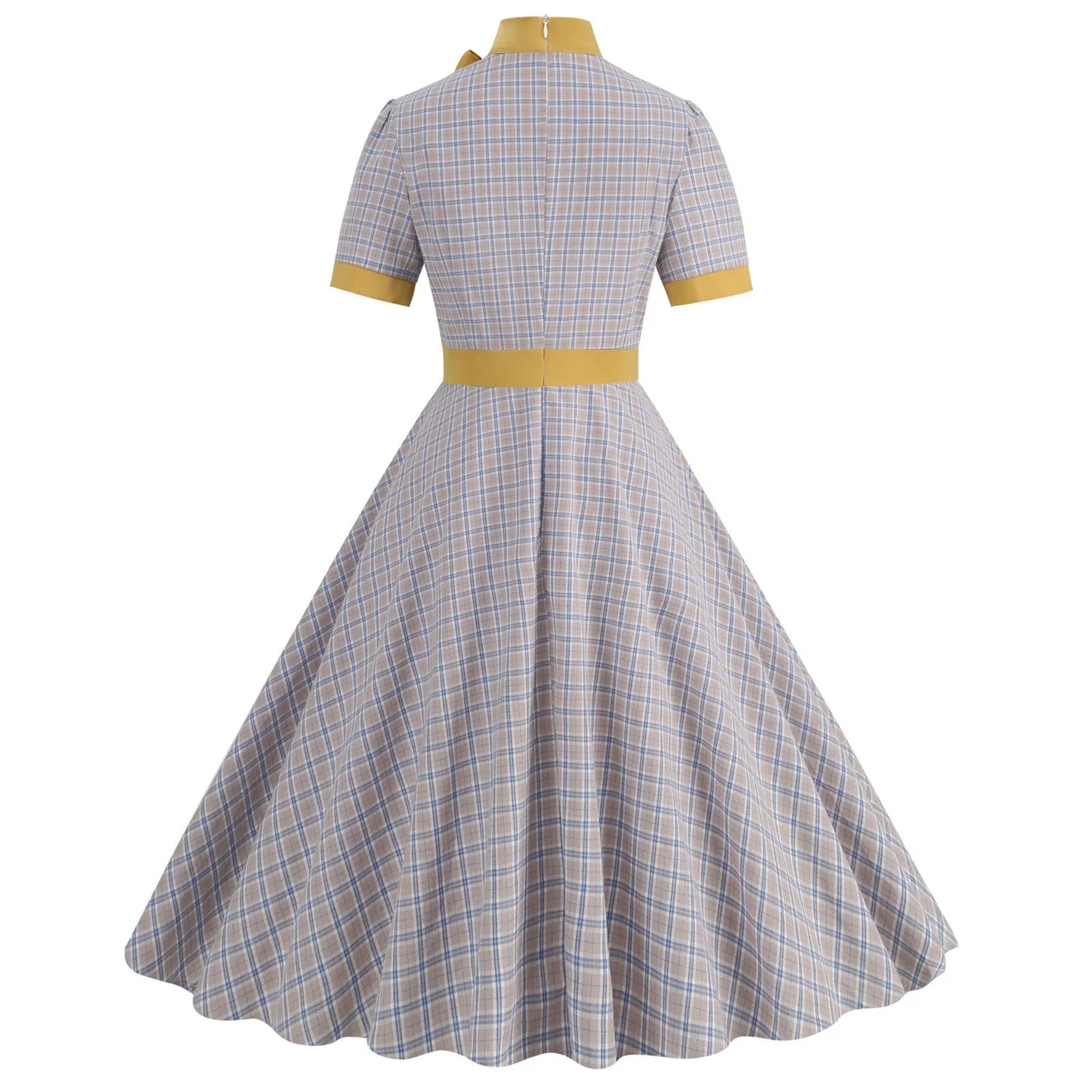 Plaid High Neck Midi Dress with Bow Detail