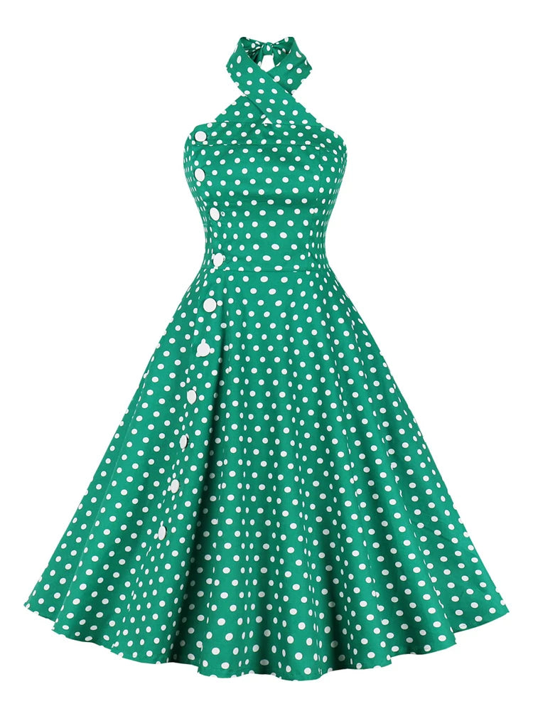 Cross Halter Polka Dot Midi Dress