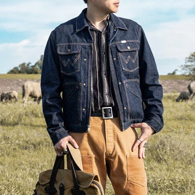 Denim Workwear Jacket with Zip Front and Snap Pockets
