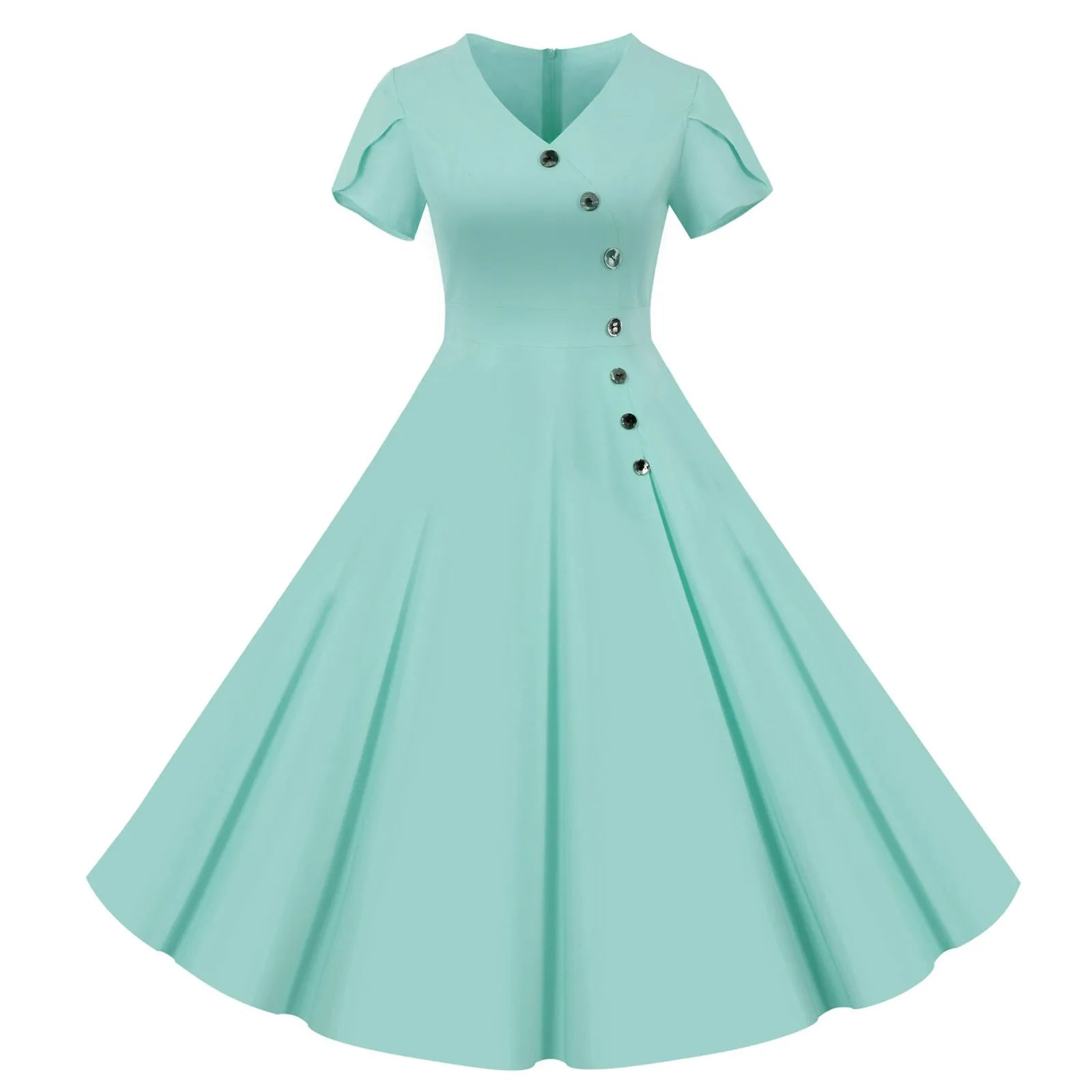 V-Neck Asymmetrical Button Midi Dress