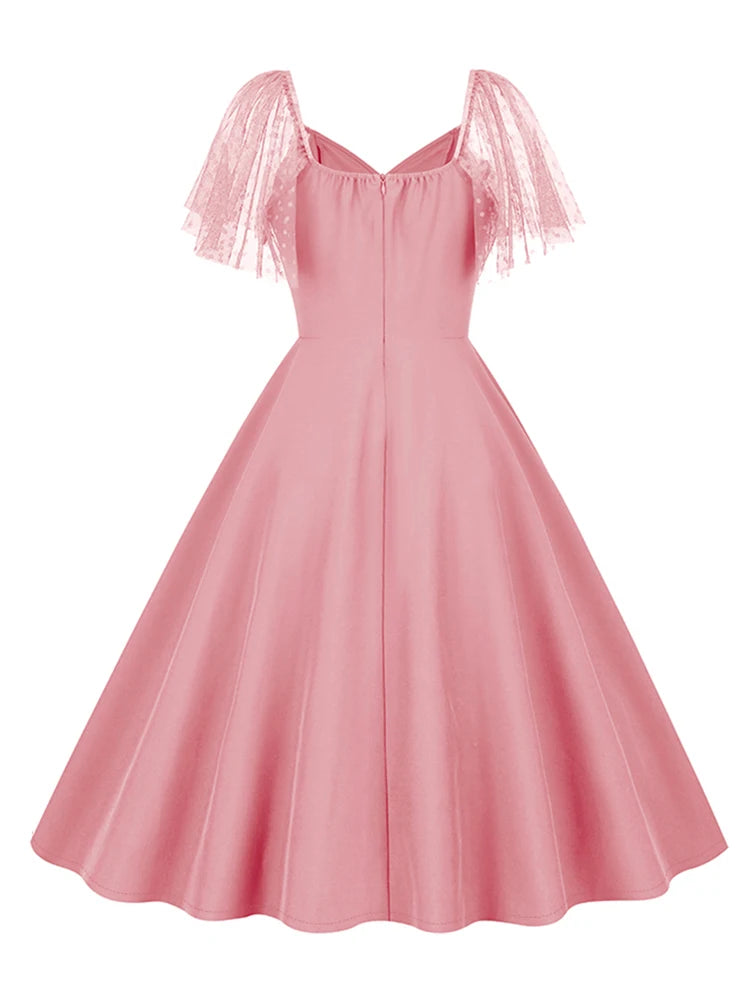 Sheer Mesh Sleeve Fit and Flare Midi Dress