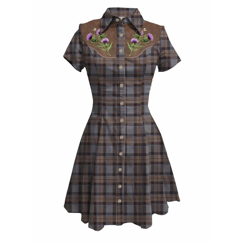 Short Sleeve Button-Front Shirt Dress with Plaid Print and Embroidered Yoke