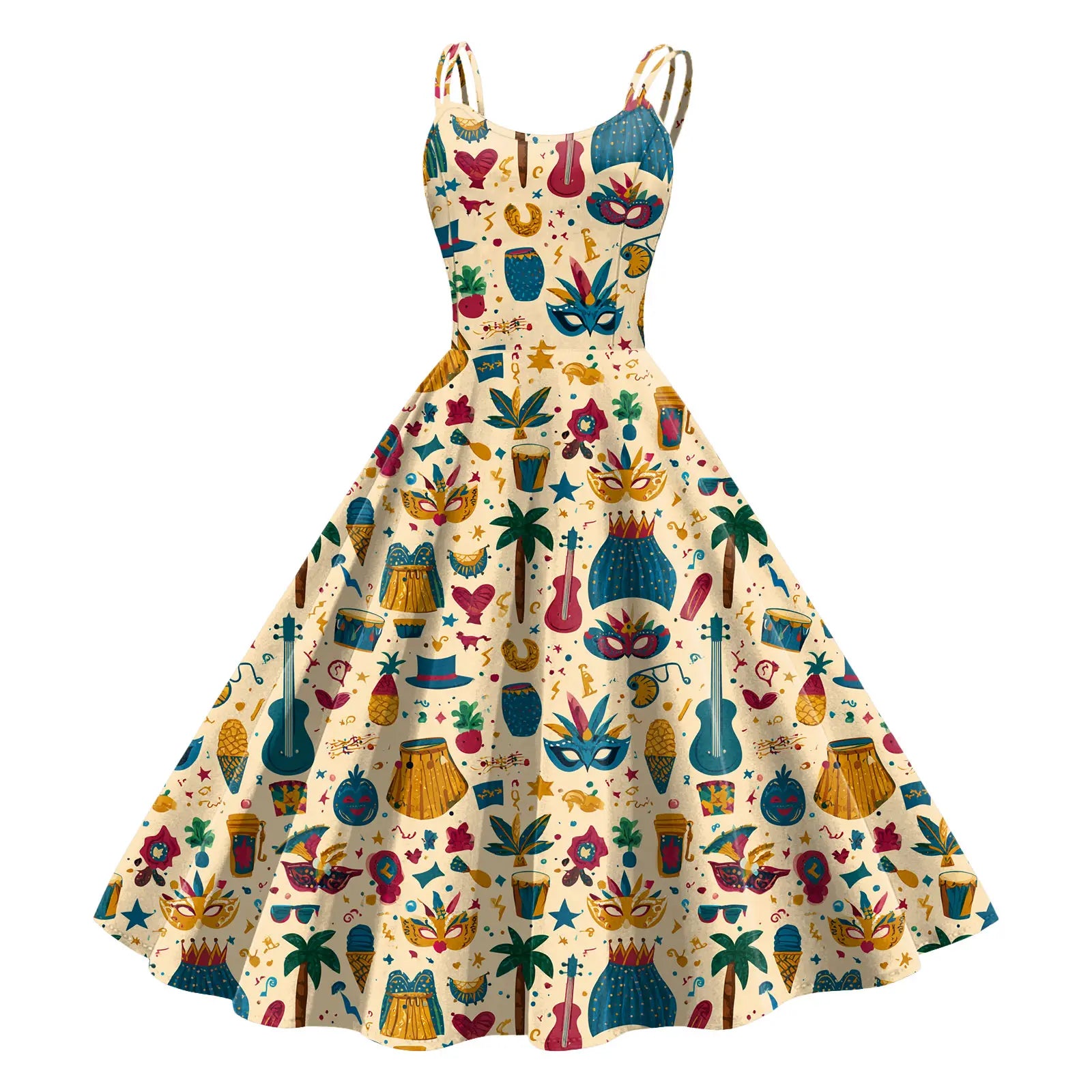 Sleeveless Mardi Gras Print Fit and Flare Dress