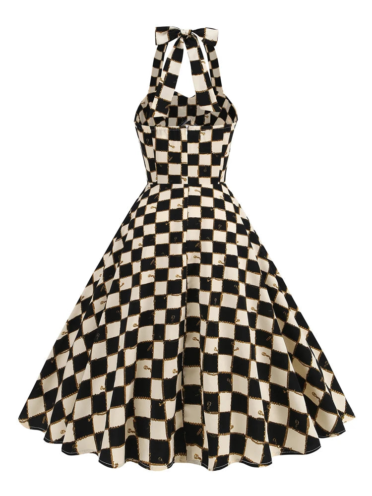 Checkered Bow Halter Fit & Flare Dress