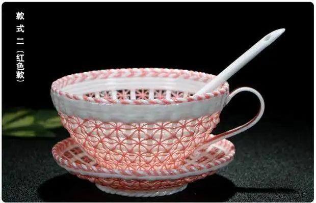 Antique Style Woven-Relief Ceramic Coffee Cup & Saucer Set