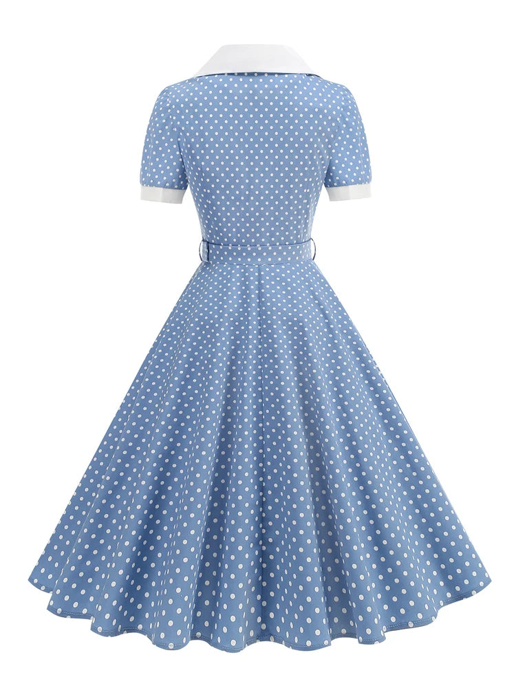 Polka Dot Collared Belted Midi Dress