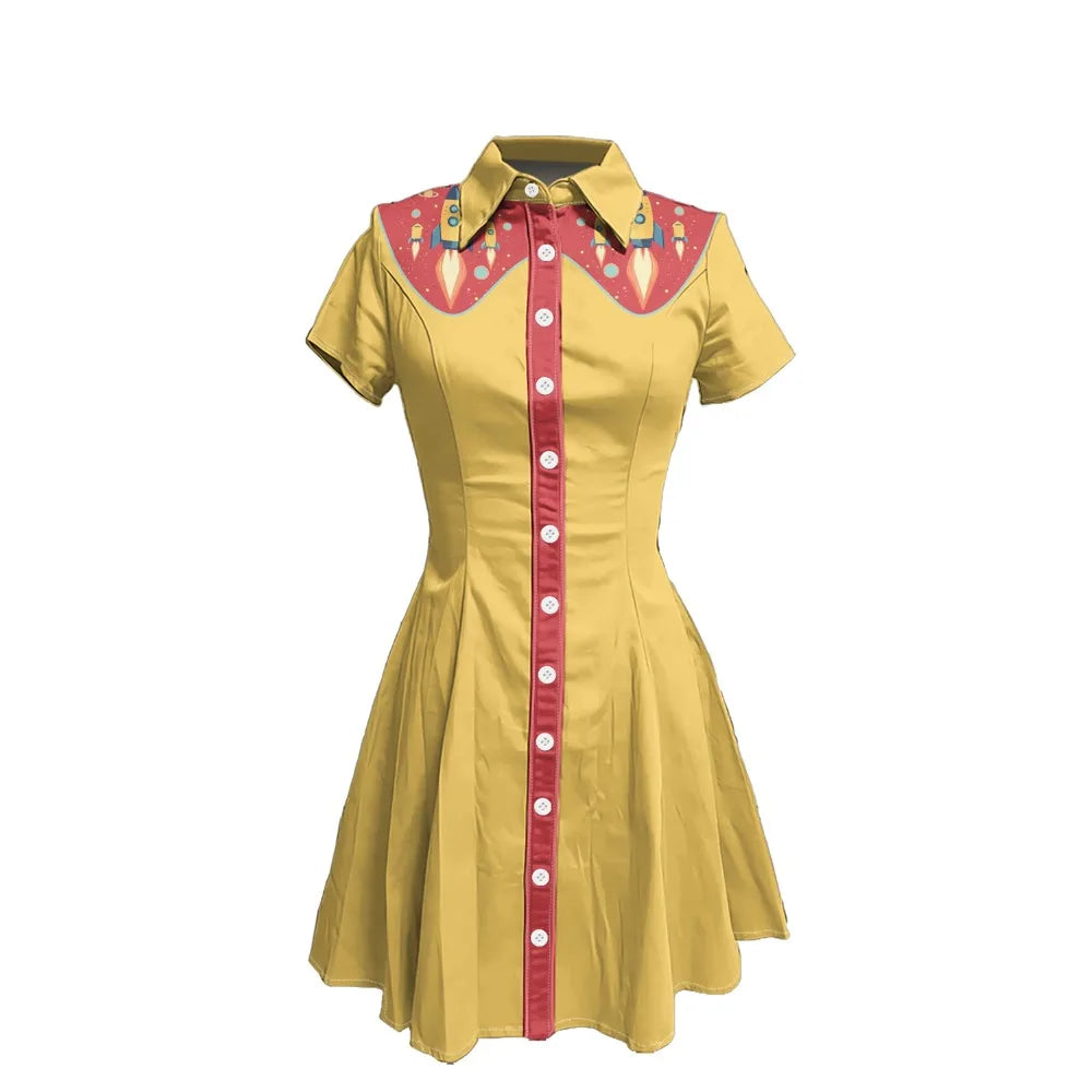 Short Sleeve Western-Style Button-Front Shirt Dress with Rocket Yoke Print