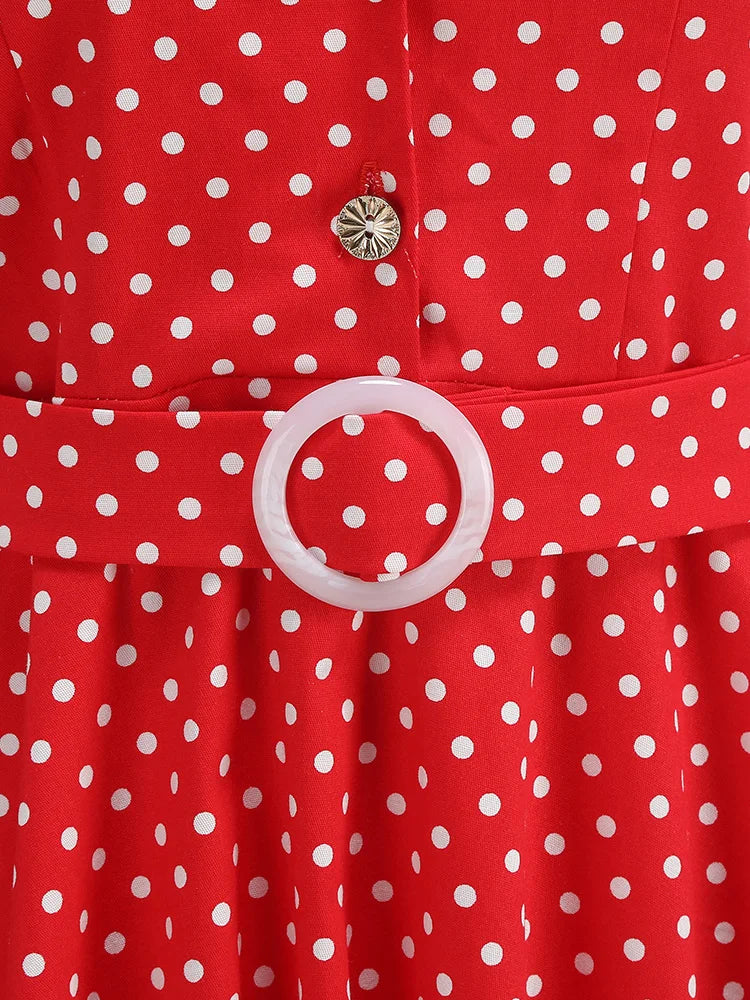 Polka Dot Collared Belted Midi Dress