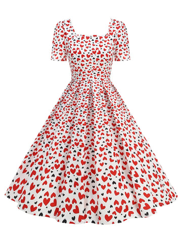 Heart Print Square Neck Fit & Flare Dress
