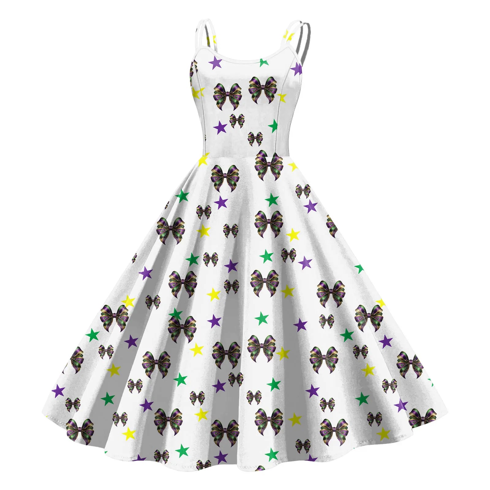 Sleeveless Mardi Gras Print Fit and Flare Dress
