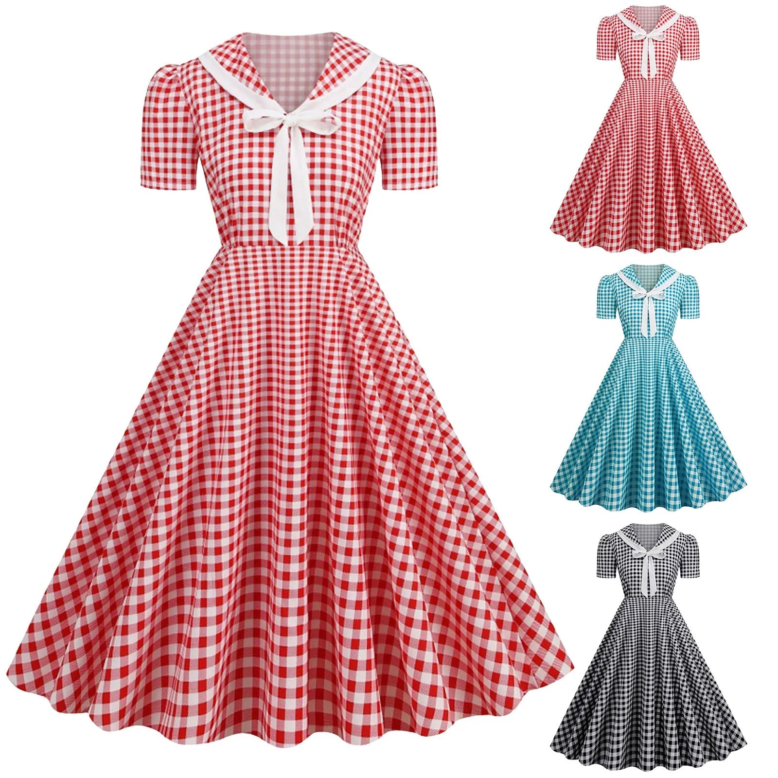 Gingham Sailor Collar Midi Dress with Tie Front