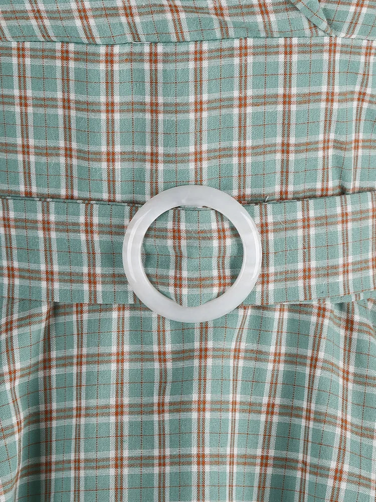 Plaid Wrap Collar Belted Fit & Flare Dress