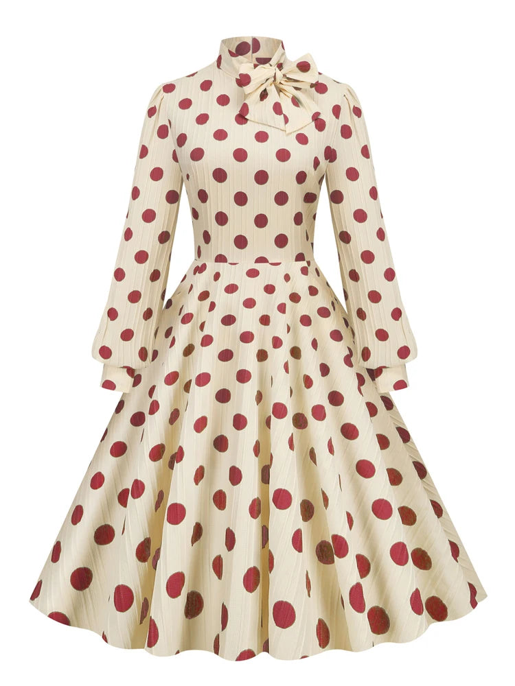 High Neck Polka Dot Long Sleeve Midi Dress with Bow Detail