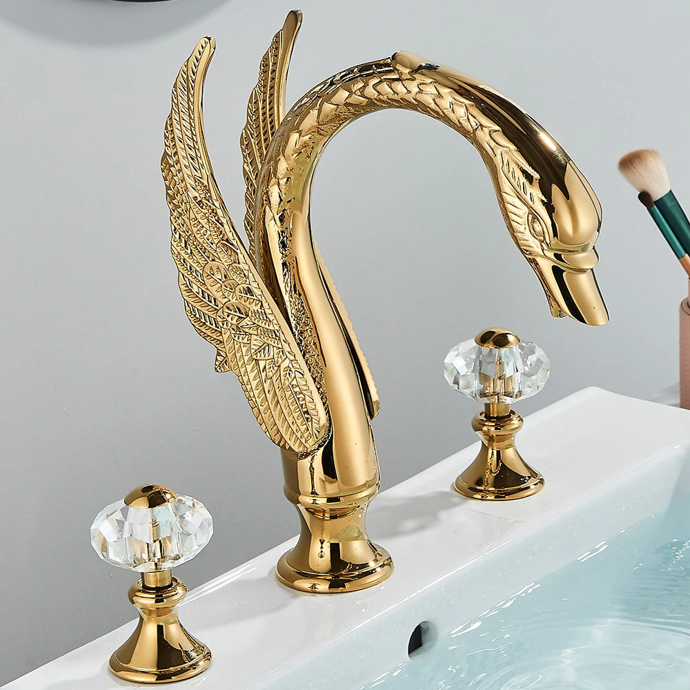 Hollywood Regency Golden Swan Dual Crystal Handle Basin Tap