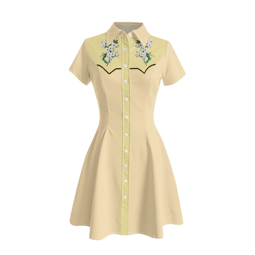 Short Sleeve Western-Style Button-Front Shirt Dress with Floral Yoke Graphic