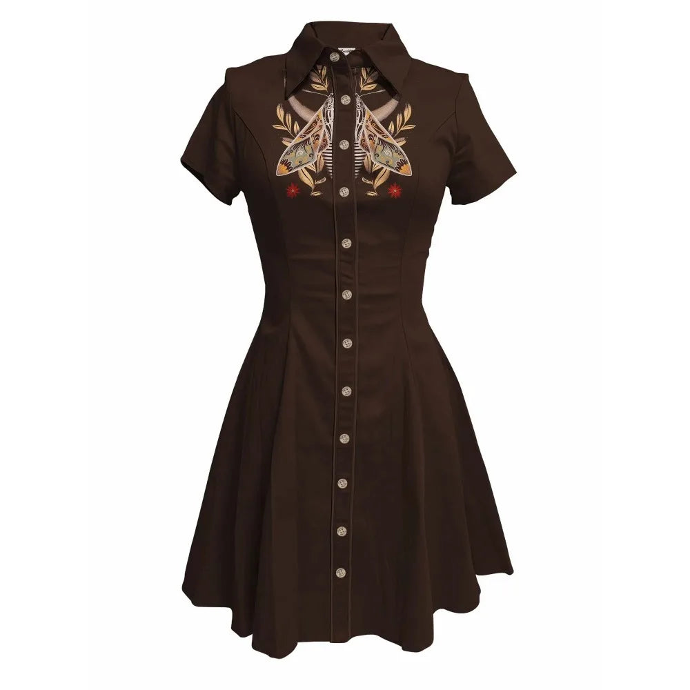Short Sleeve Button-Front Shirt Dress with Moth Design