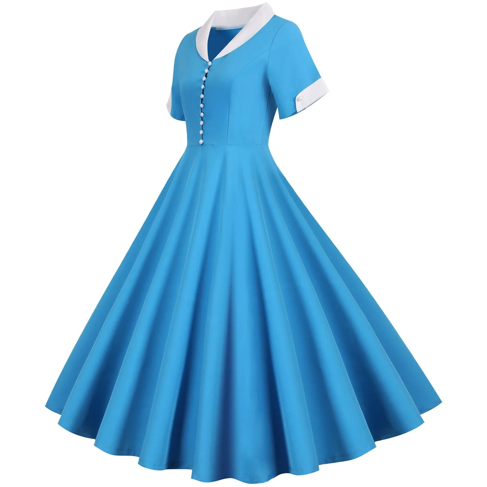 Contrast Collar Button Front Midi Dress