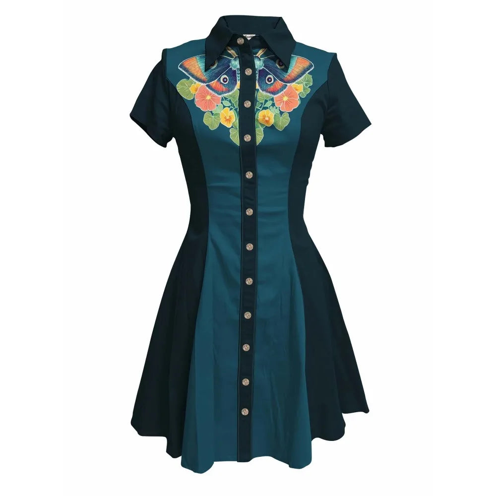 Short Sleeve Button-Front Shirt Dress with Moth Design