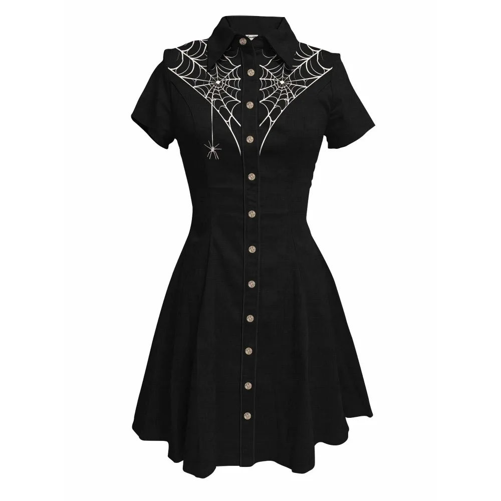 Short Sleeve Button-Front Shirt Dress with Spiderweb Yoke Graphic