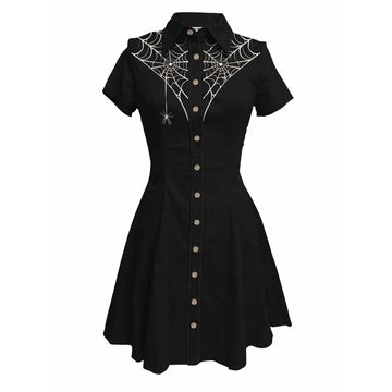Short Sleeve Button-Front Shirt Dress with Spiderweb Yoke Graphic
