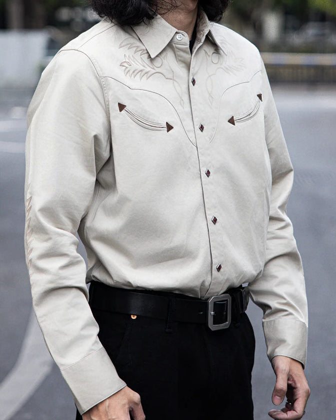 1940s Style Long Sleeve Western-Style Button-Up Shirt with Embroidered Yoke Details