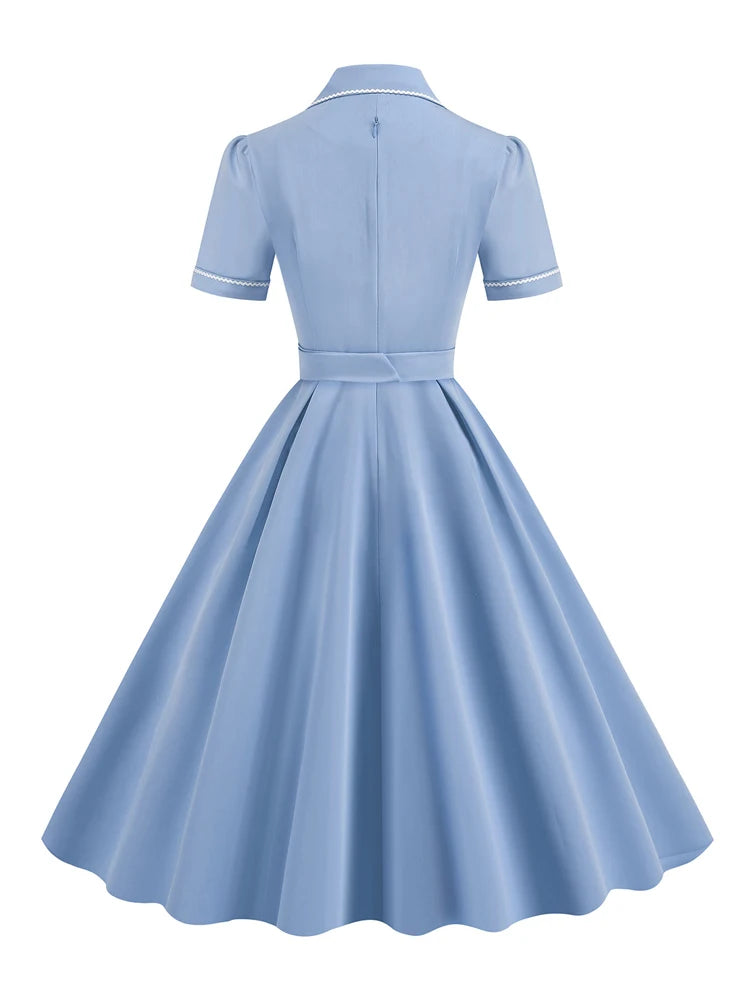 Contrast Trim Button-Front Fit & Flare Dress