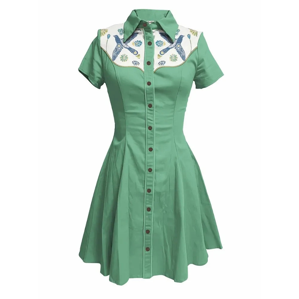 Short Sleeve Button-Front Shirt Dress with Bird Yoke Graphic