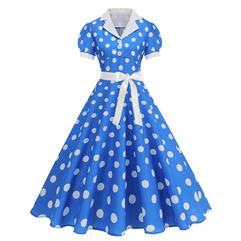 Vintage Polka Dot Pleated Summer Dress Women 1950s 60s Notched Collar Short Sleeve Belted Elegant Retro Clothing