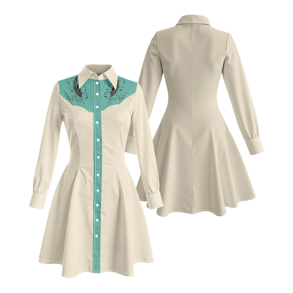 Long Sleeve Western-Style Button-Front Shirt Dress with Floral Yoke Graphic