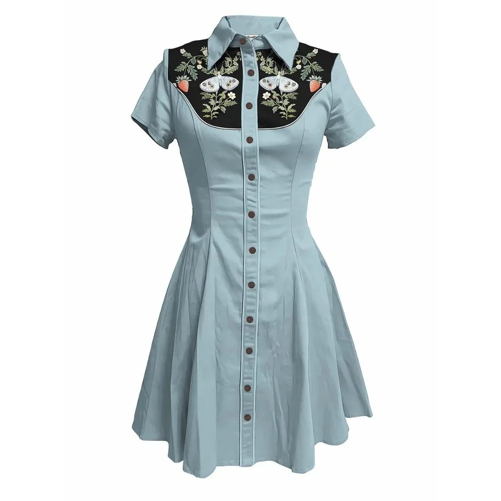 Short Sleeve Button-Front Shirt Dress with Moth Design