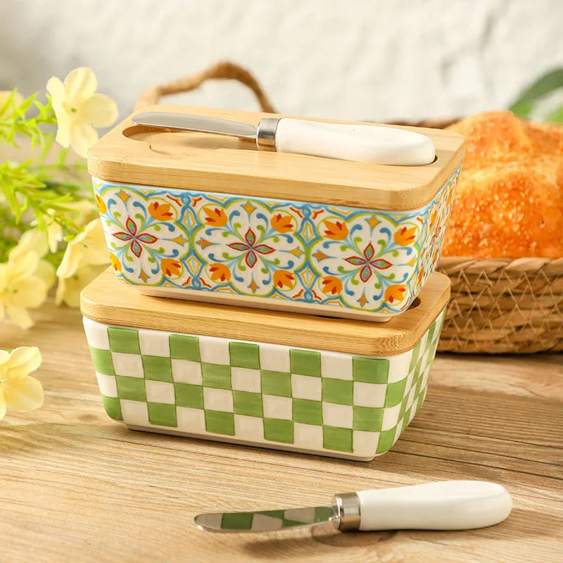 Americana Pastoral Ceramic Butter Dish with Bamboo Lid & Knife
