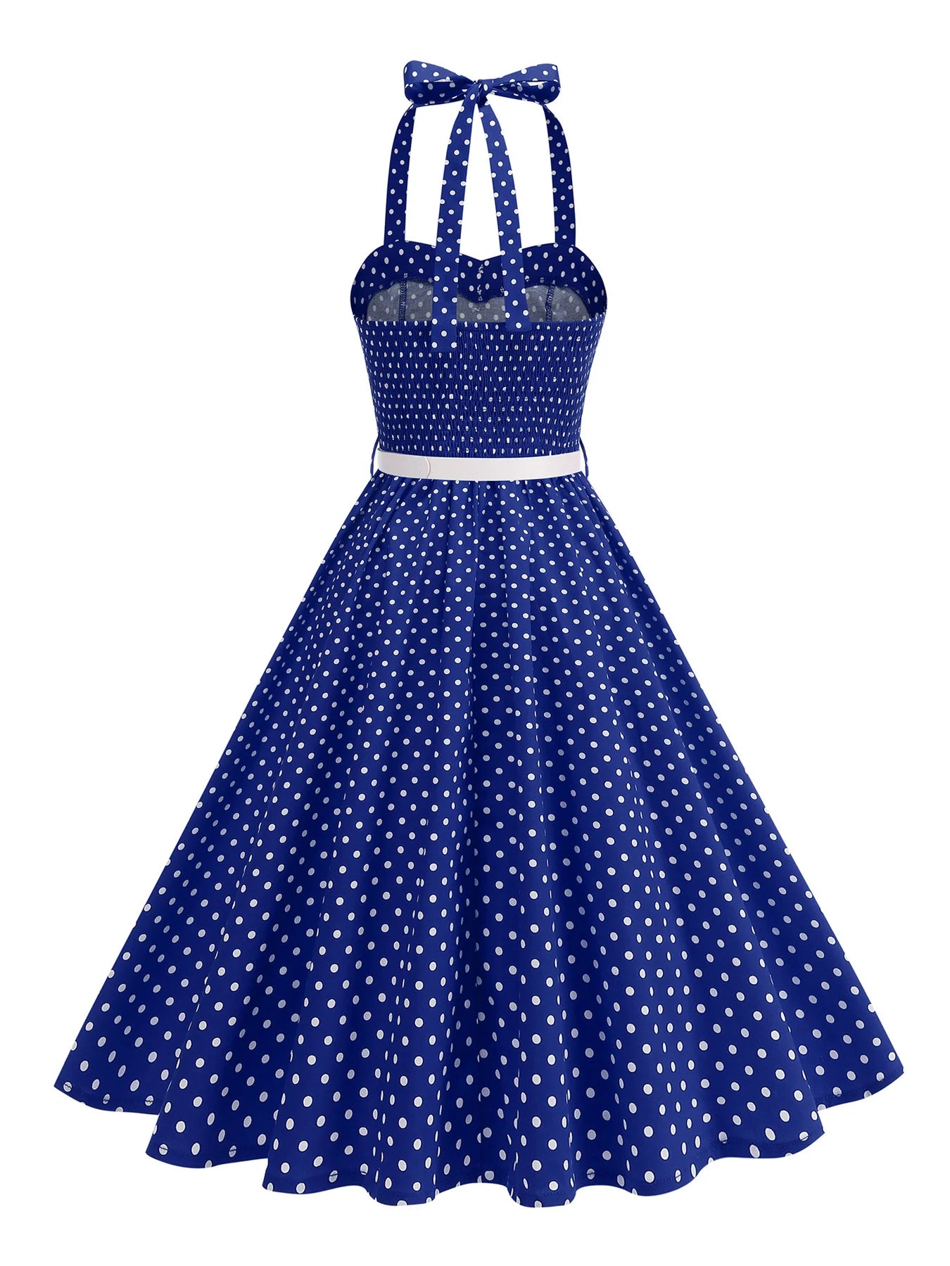 Polka Dot Trim Halter Belted Dress