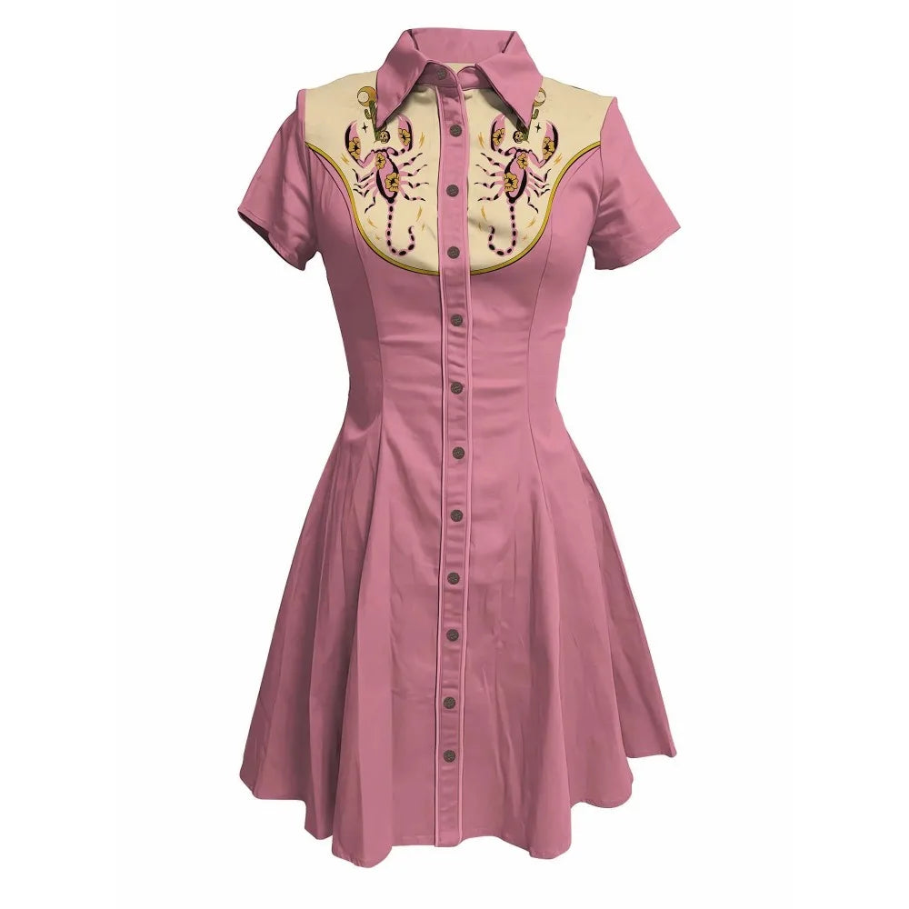 Short Sleeve Western-Style Button-Front Shirt Dress with Scorpion Yoke Graphic