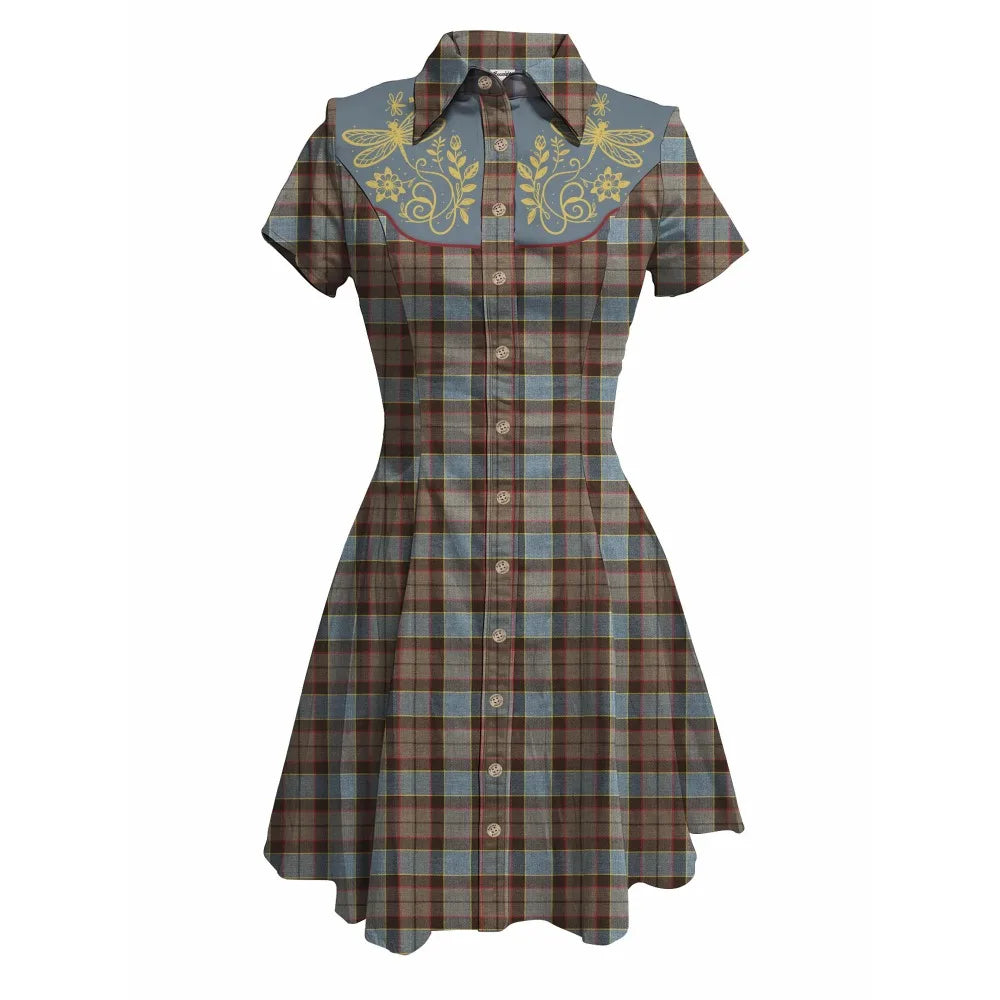 Short Sleeve Button-Front Shirt Dress with Plaid Print and Embroidered Yoke