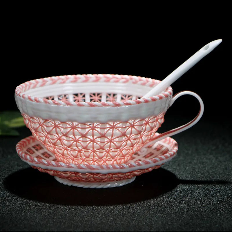Antique Style Woven-Relief Ceramic Coffee Cup & Saucer Set