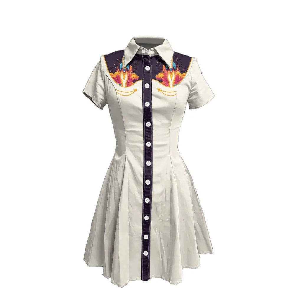 Short Sleeve Western-Style Button-Front Shirt Dress with Rocket Yoke Print
