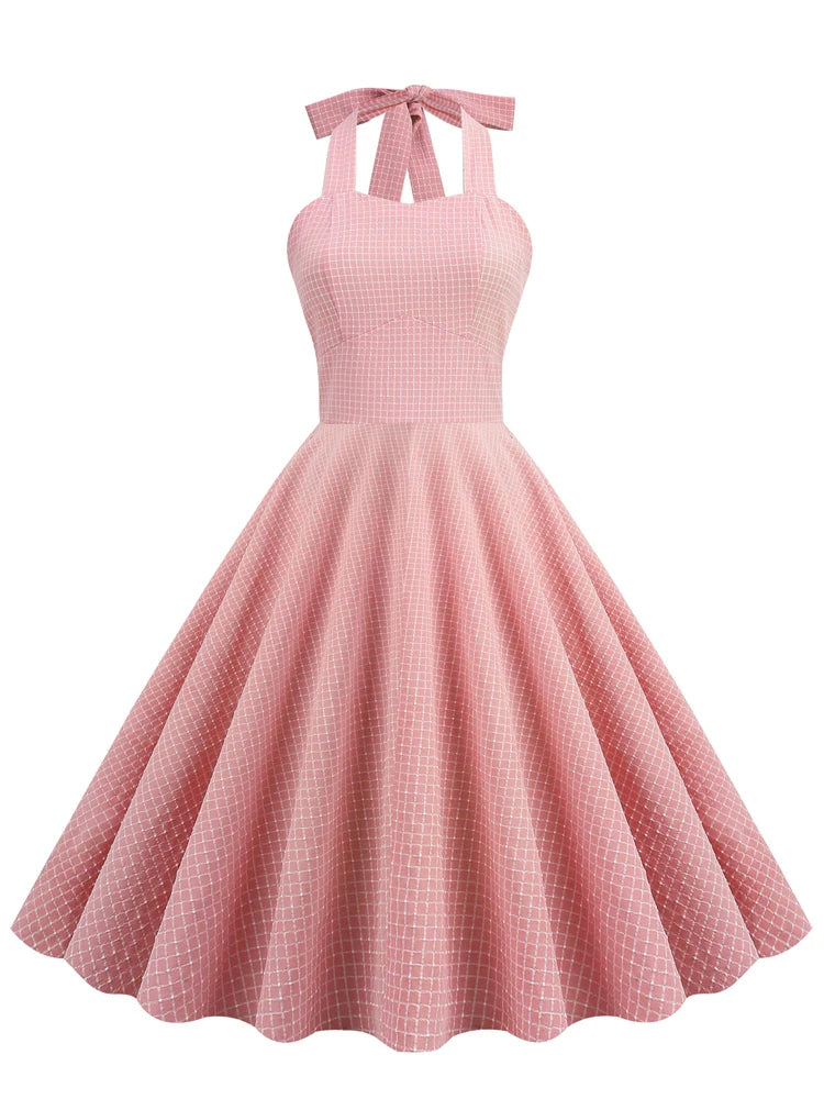 Halter Grid Print Fit & Flare Dress