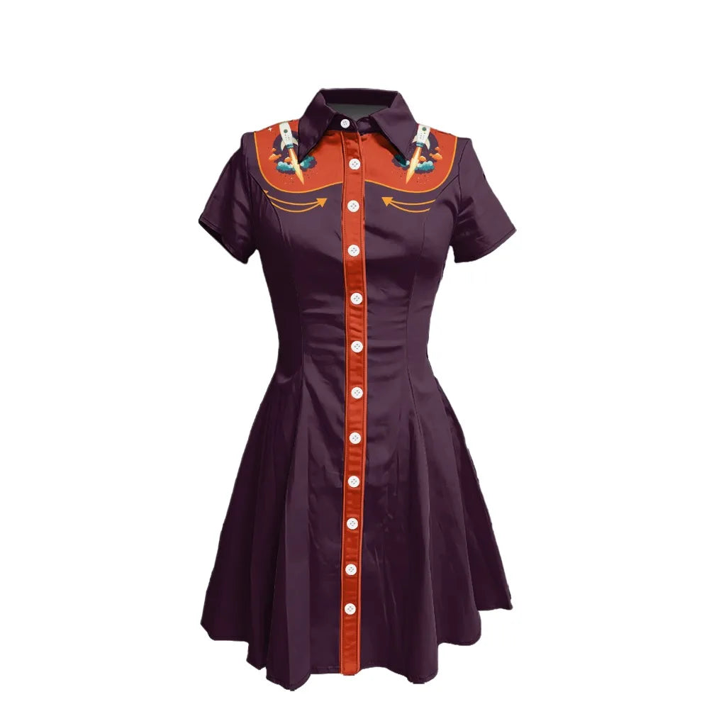 Short Sleeve Western-Style Button-Front Shirt Dress with Rocket Yoke Print