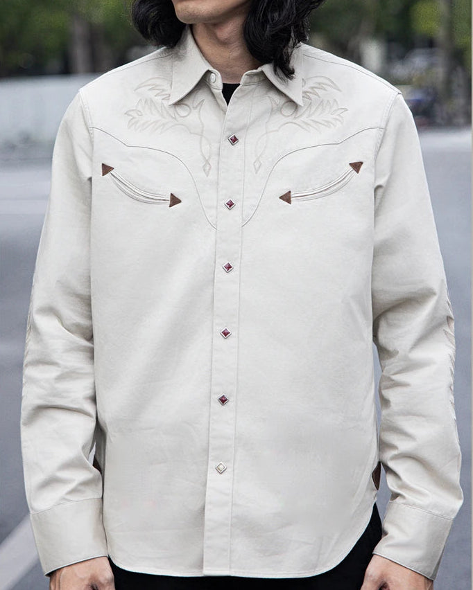 1940s Style Long Sleeve Western-Style Button-Up Shirt with Embroidered Yoke Details