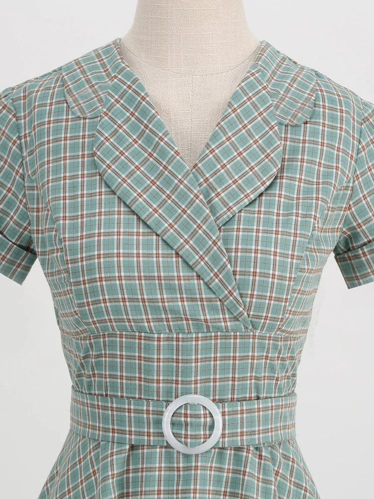 Plaid Wrap Collar Belted Fit & Flare Dress
