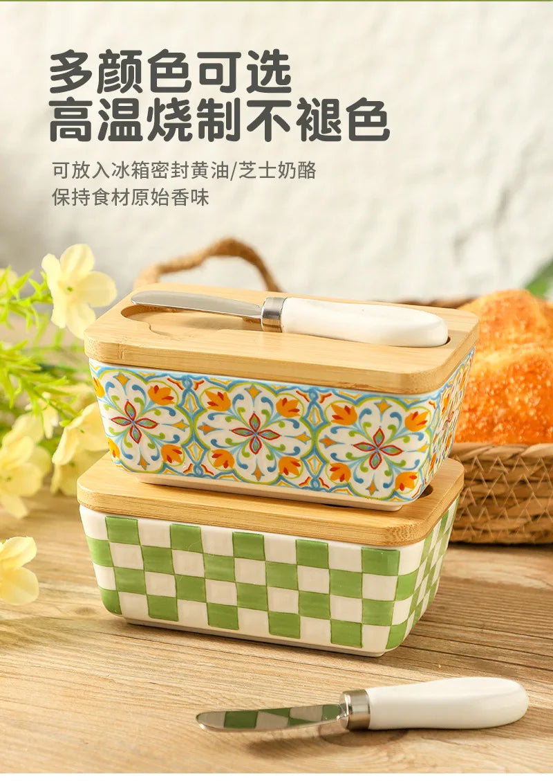 Americana Pastoral Ceramic Butter Dish with Bamboo Lid & Knife
