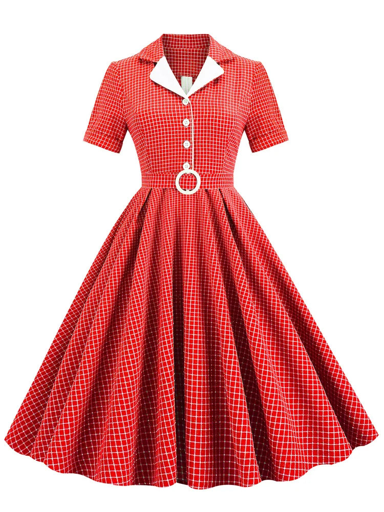 Grid Print Collared Midi Dress with Belt